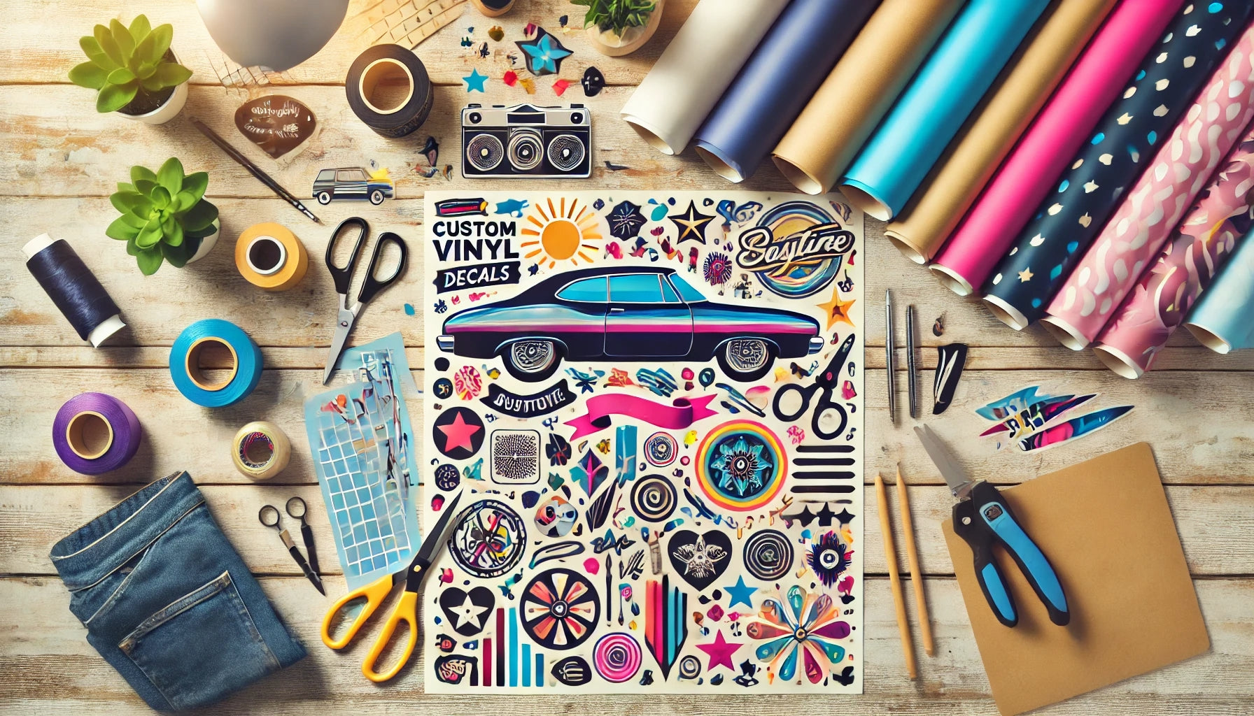 Banner showcasing Custom Vinyl Decals in various colors and designs, perfect for crafting and personalization.