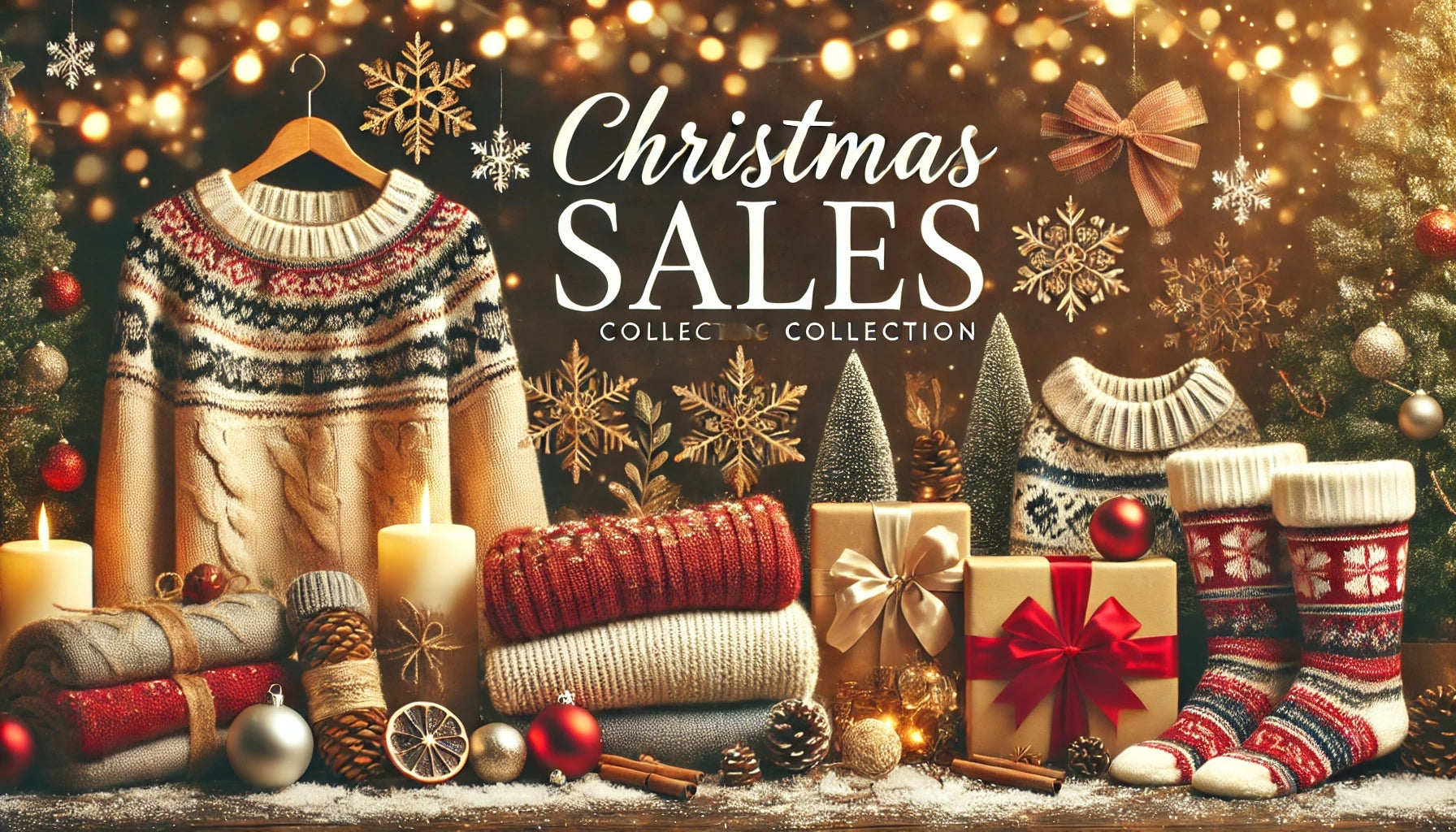 Banner showcasing holiday-themed items such as cozy sweaters, ornaments, and festive gift boxes, with a background featuring a Christmas tree and twinkling lights.