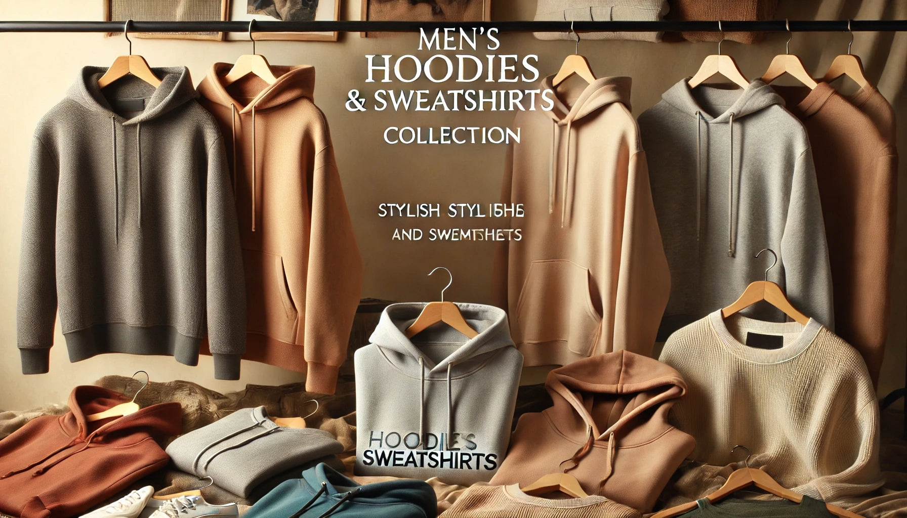 Banner showcasing stylish and comfortable Men's Hoodies & Sweatshirts in various colors and styles, set in a cozy, modern background.