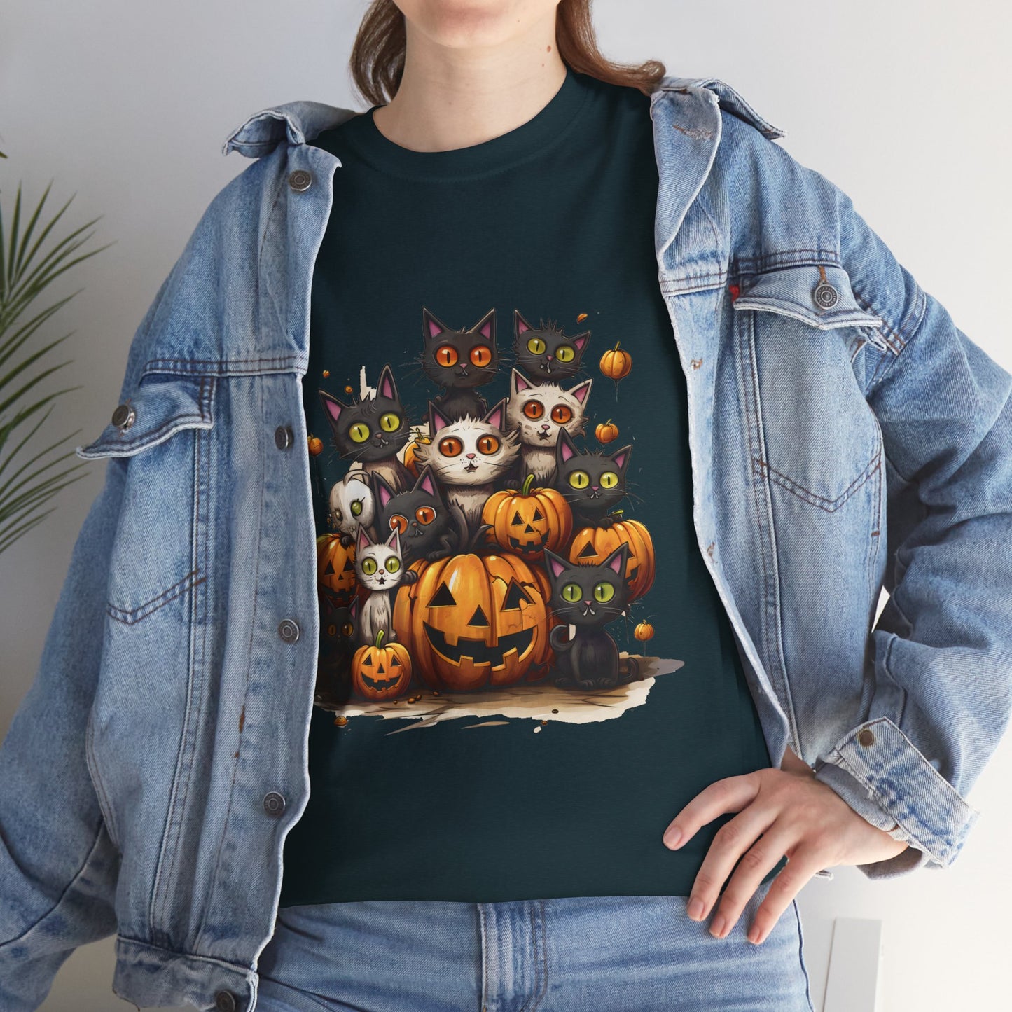 Funny Halloween Cat & Pumpkins Design Unisex Heavy Cotton Tee - 100% Cotton, Classic Fit