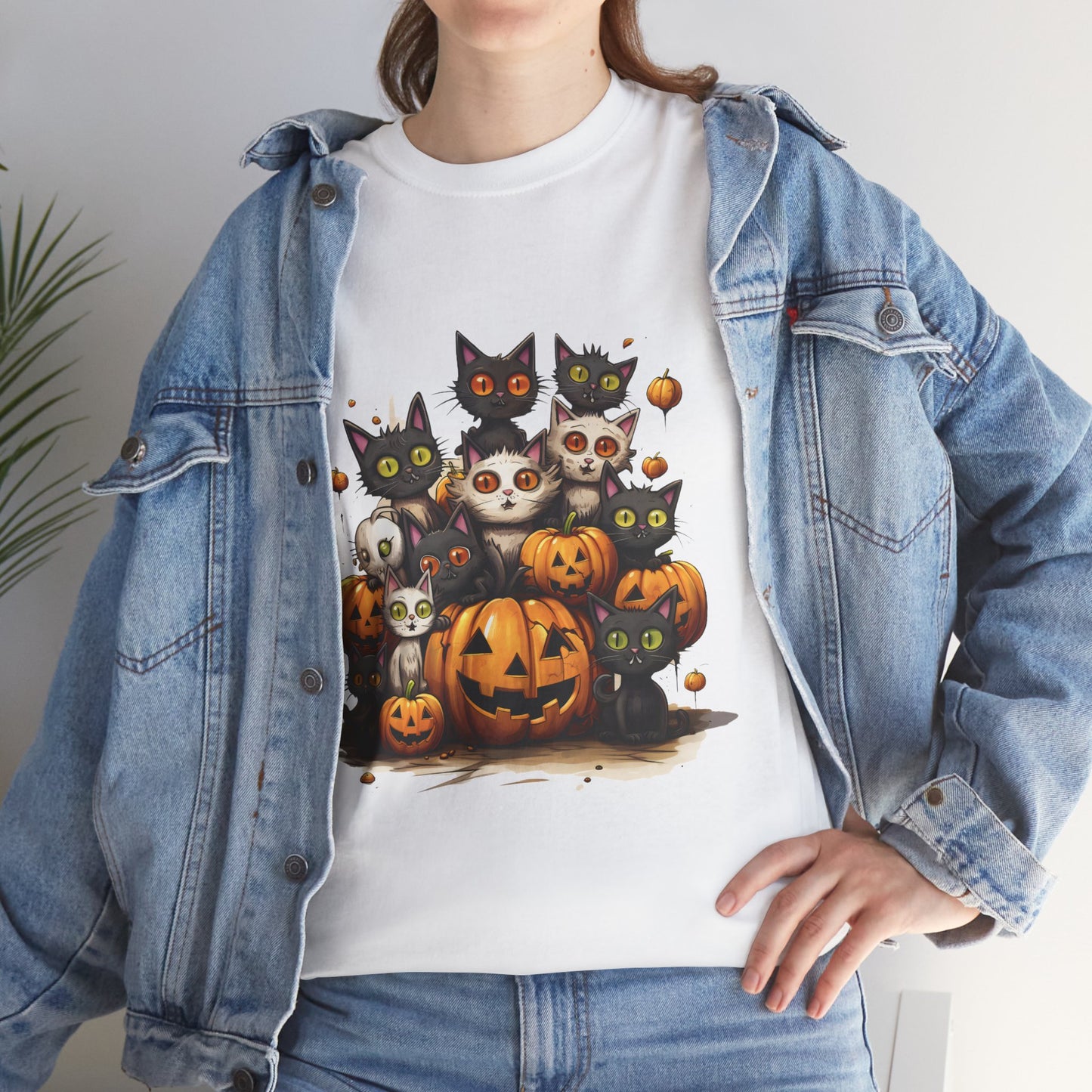 Funny Halloween Cat & Pumpkins Design Unisex Heavy Cotton Tee - 100% Cotton, Classic Fit