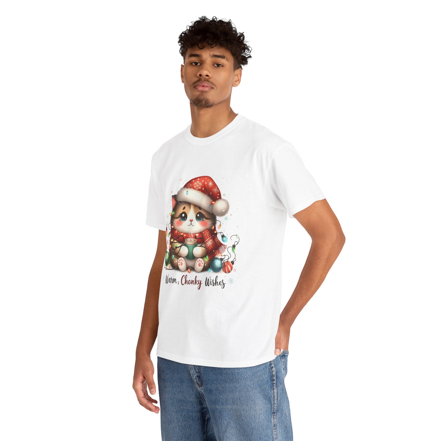 Warm Chonky Wishes Cat Unisex Heavy Cotton Tee - Festive Front Print - 100% Cotton