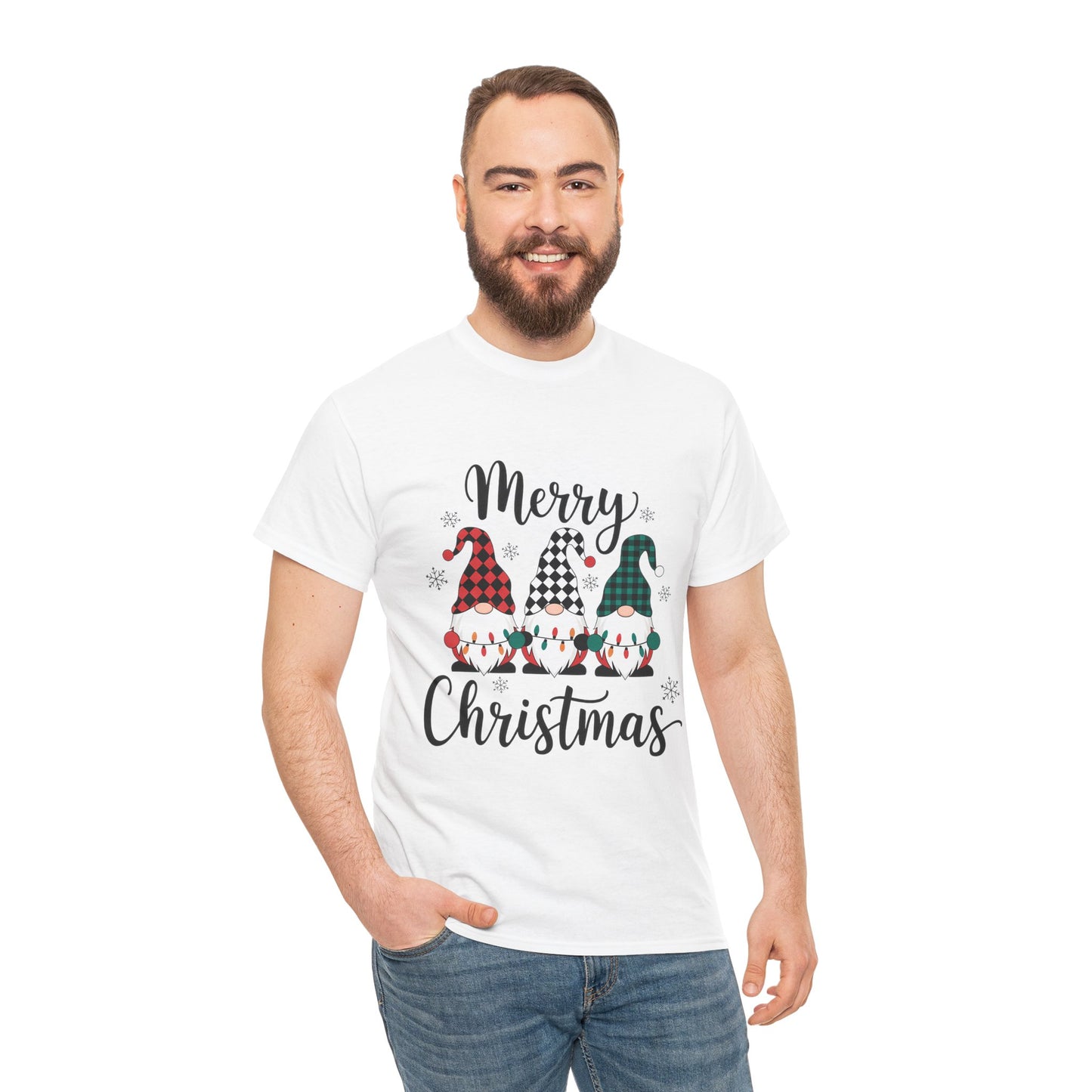 Merry Christmas Gnome and Santa Unisex Heavy Cotton Tee - Front & Back Print - 100% Cotton