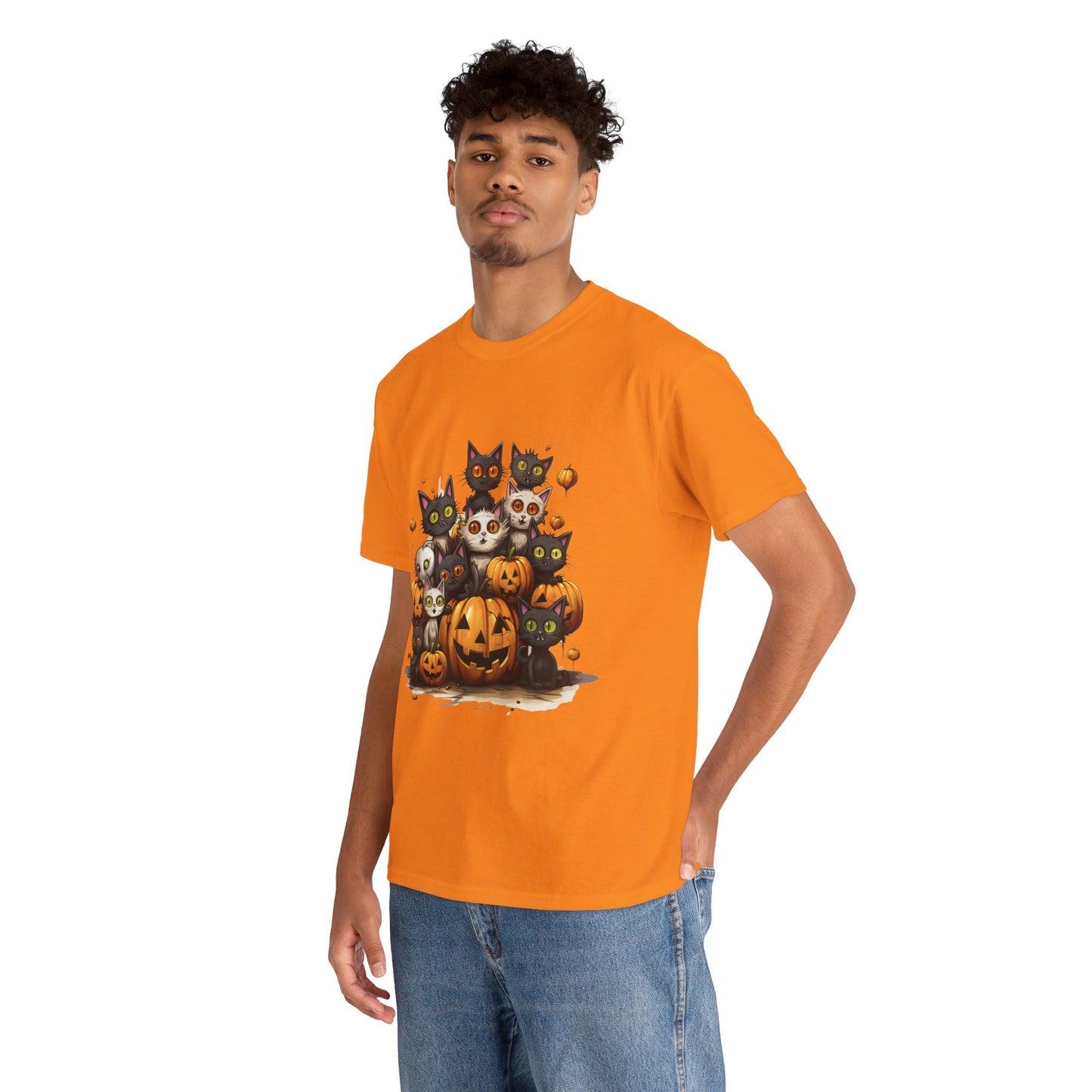 Funny Halloween Cat & Pumpkins Design Unisex Heavy Cotton Tee - 100% Cotton, Classic Fit