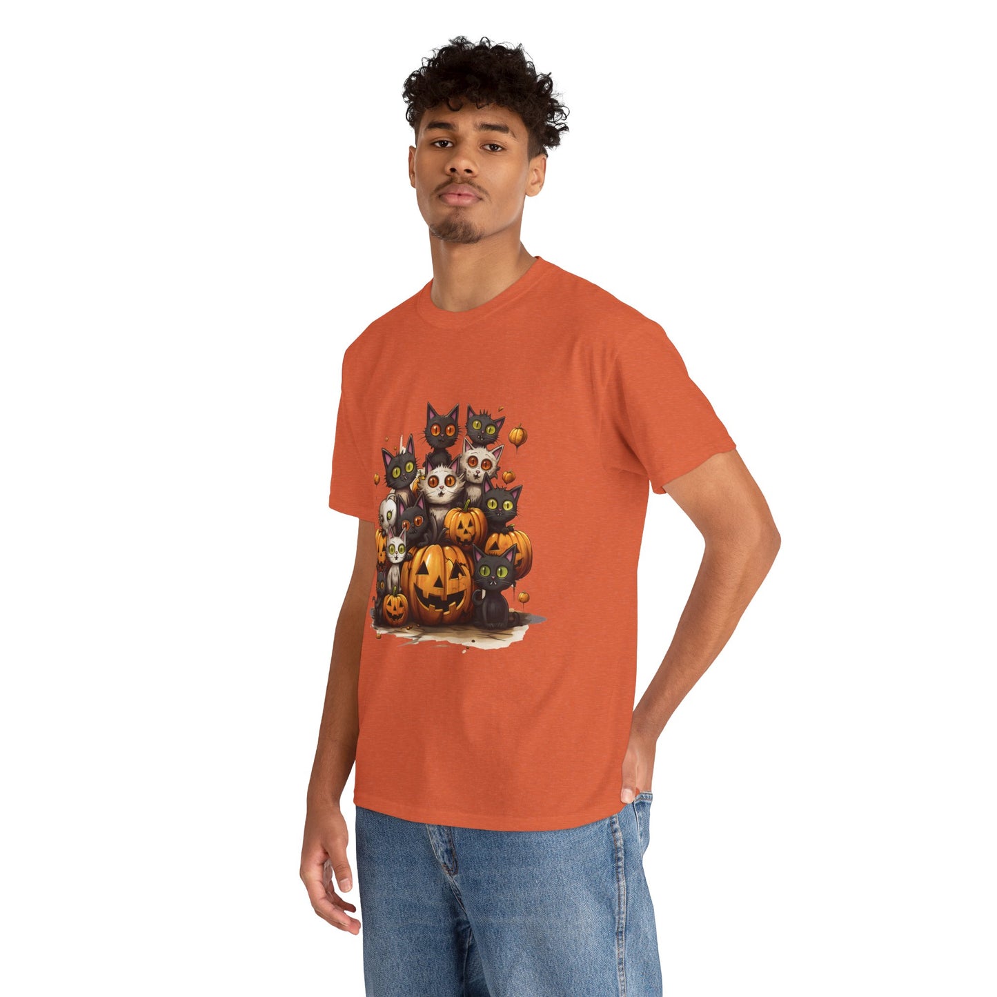 Funny Halloween Cat & Pumpkins Design Unisex Heavy Cotton Tee - 100% Cotton, Classic Fit