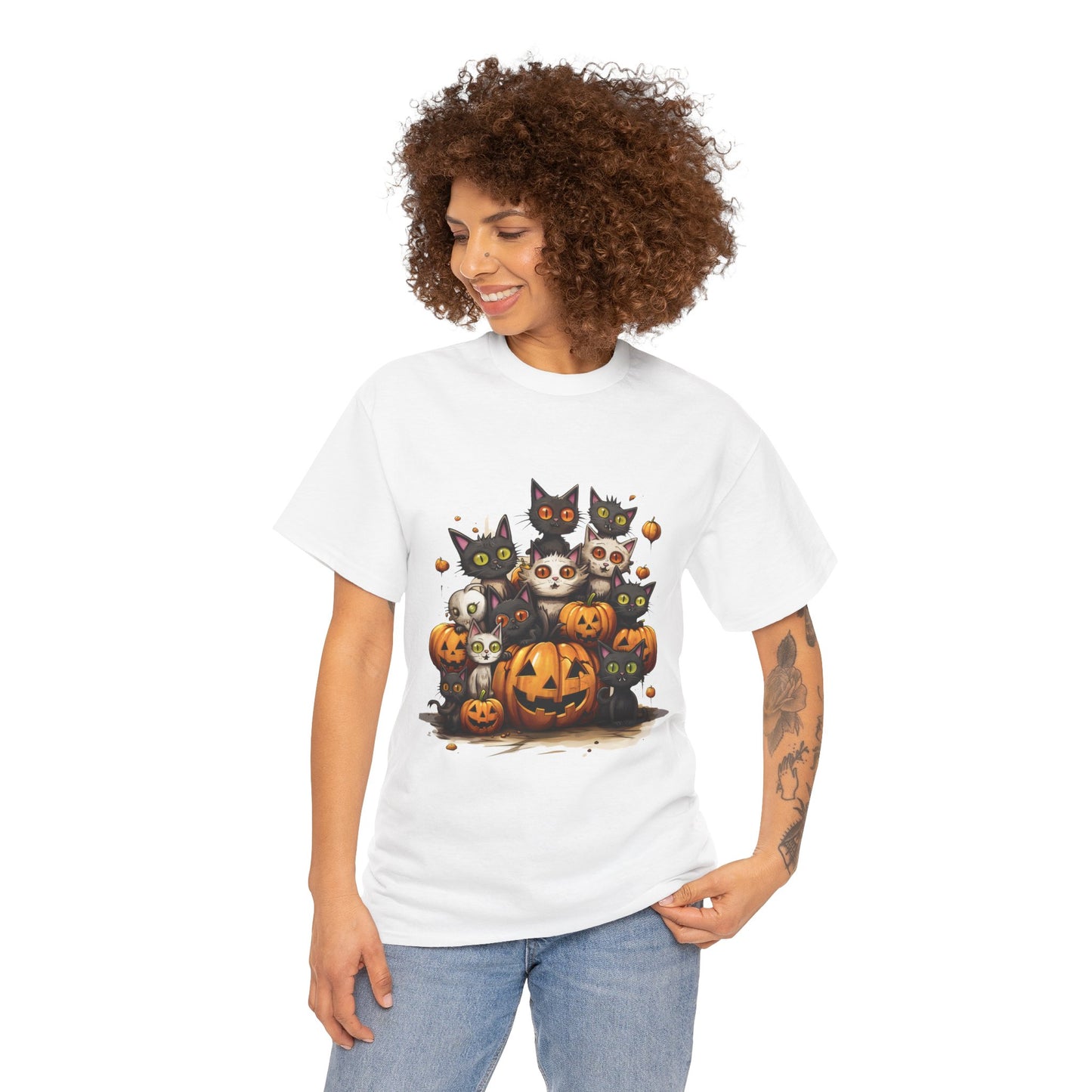 Funny Halloween Cat & Pumpkins Design Unisex Heavy Cotton Tee - 100% Cotton, Classic Fit