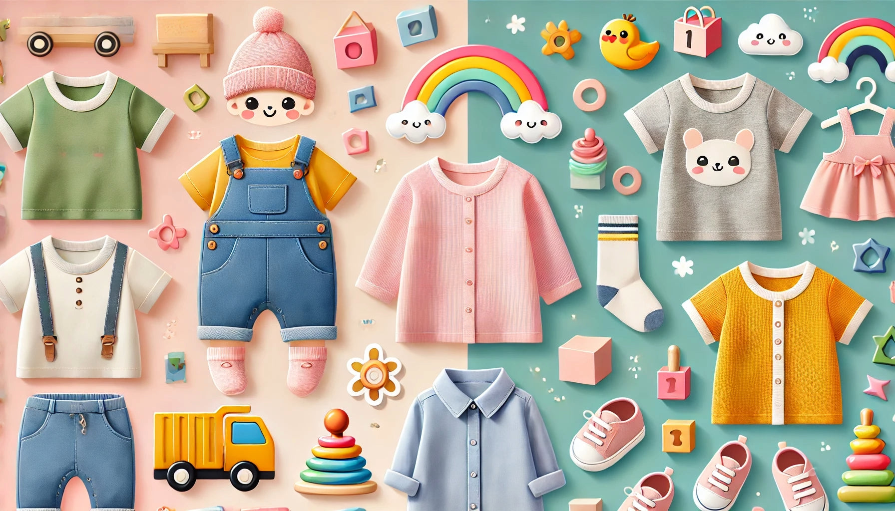 Banner showcasing cute and comfortable toddler clothing items such as shirts, dresses, and overalls in soft pastel colors.