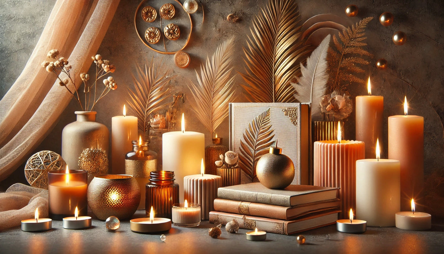 Banner showcasing decorative and aromatic candles of various shapes and sizes, set in a cozy environment with warm lighting and decorative items.