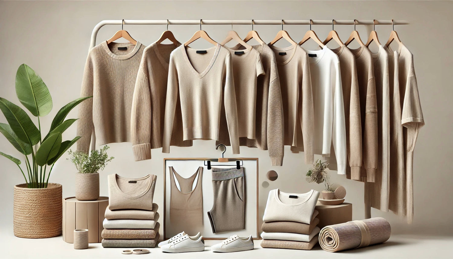 Banner showcasing essential Women's clothing items including t-shirts, leggings, and cardigans in neutral tones, emphasizing simplicity and comfort