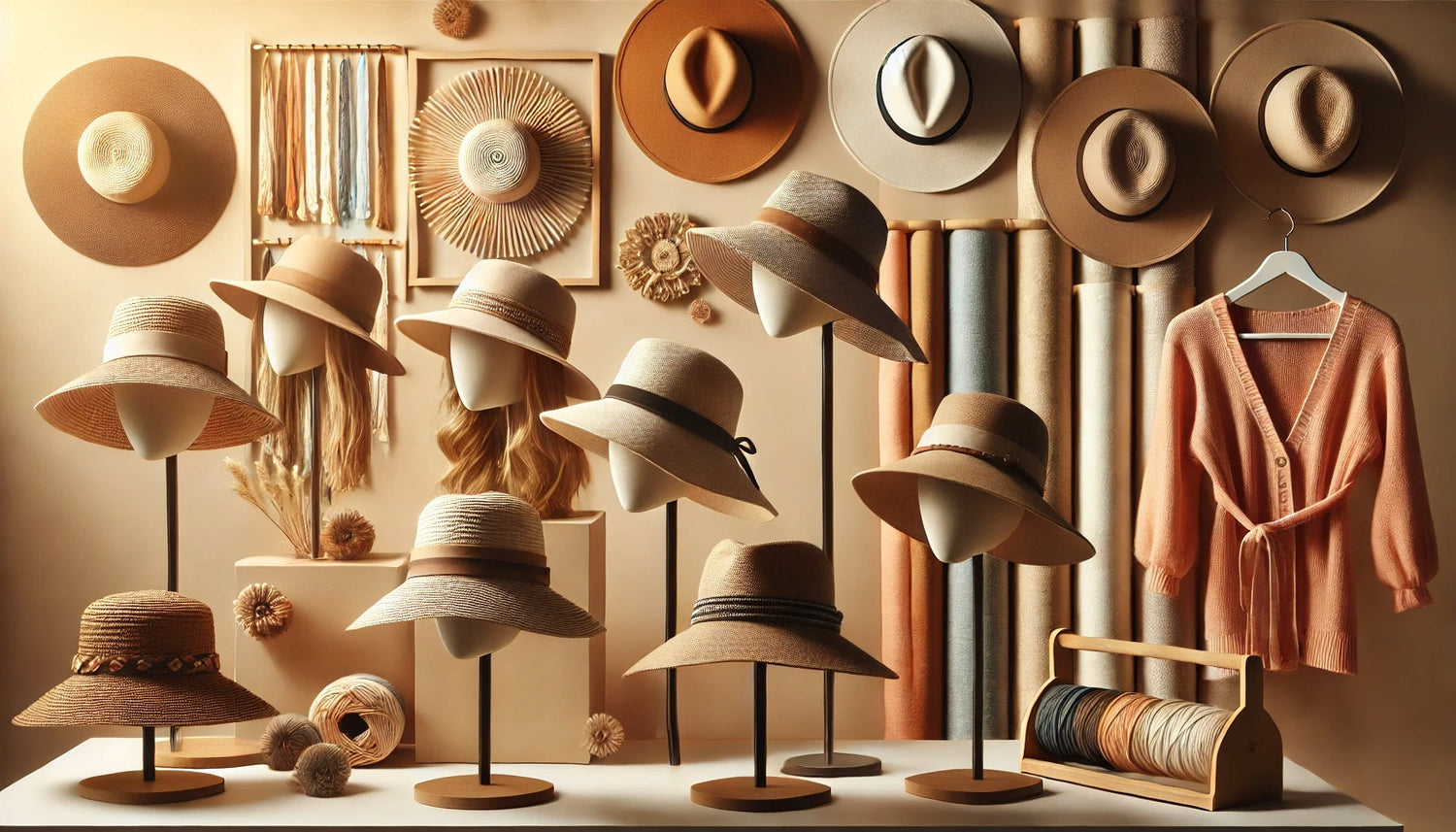 Banner showcasing stylish Women's Hats, including sun hats, beanies, and fedoras, arranged in a modern setting with a warm ambiance.