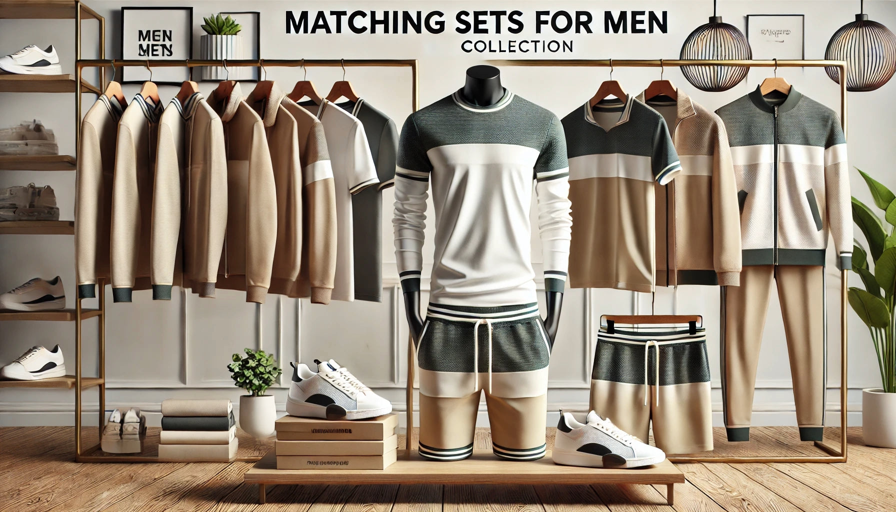 Banner showcasing stylish matching sets for men, including coordinated t-shirts and shorts or tracksuits, displayed on a clothing rack with a modern background.