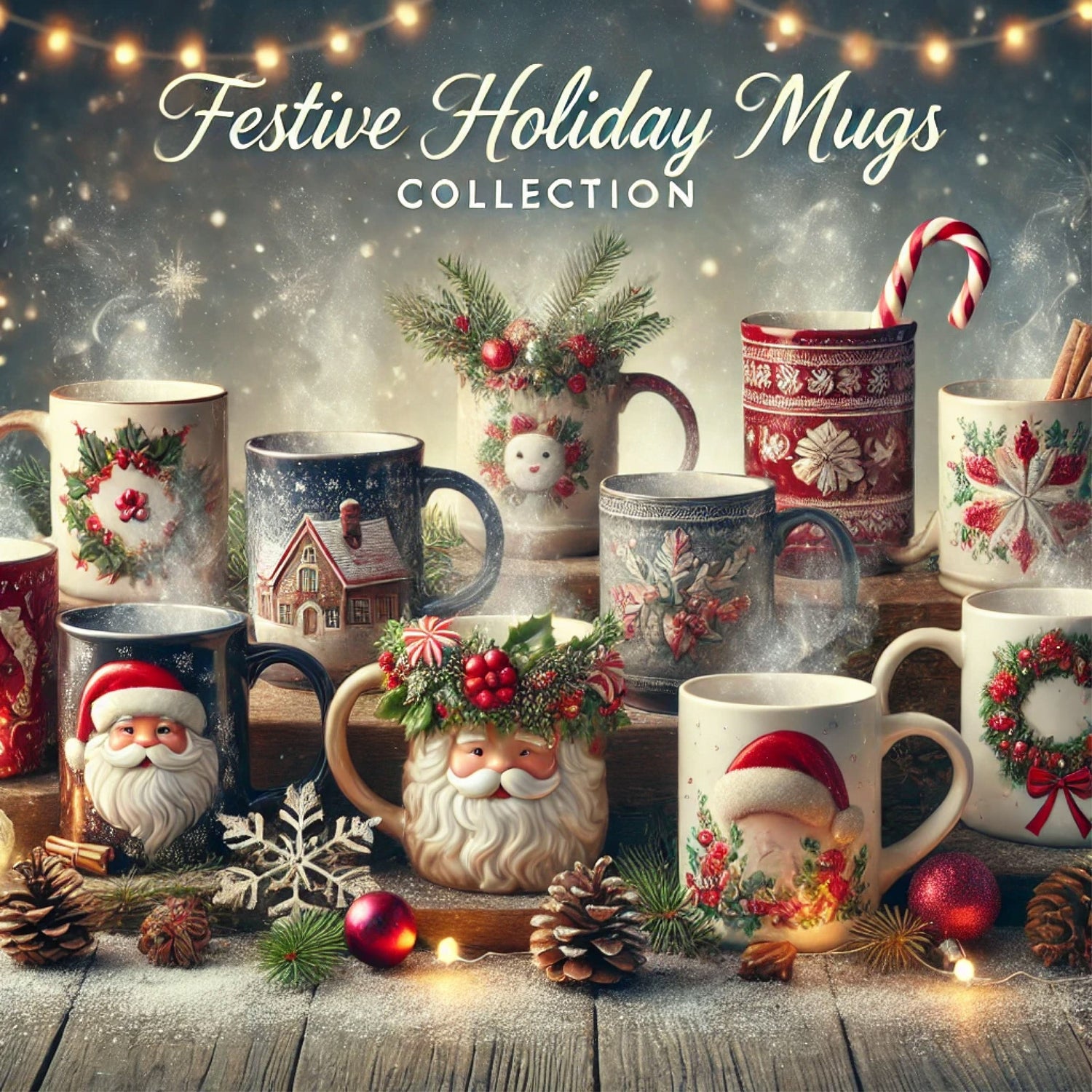 Holiday banner featuring ceramic mugs with Christmas designs like Santa, snowflakes, and holly, surrounded by pinecones, ornaments, and fairy lights. Background shows falling snow and warm festive lighting.