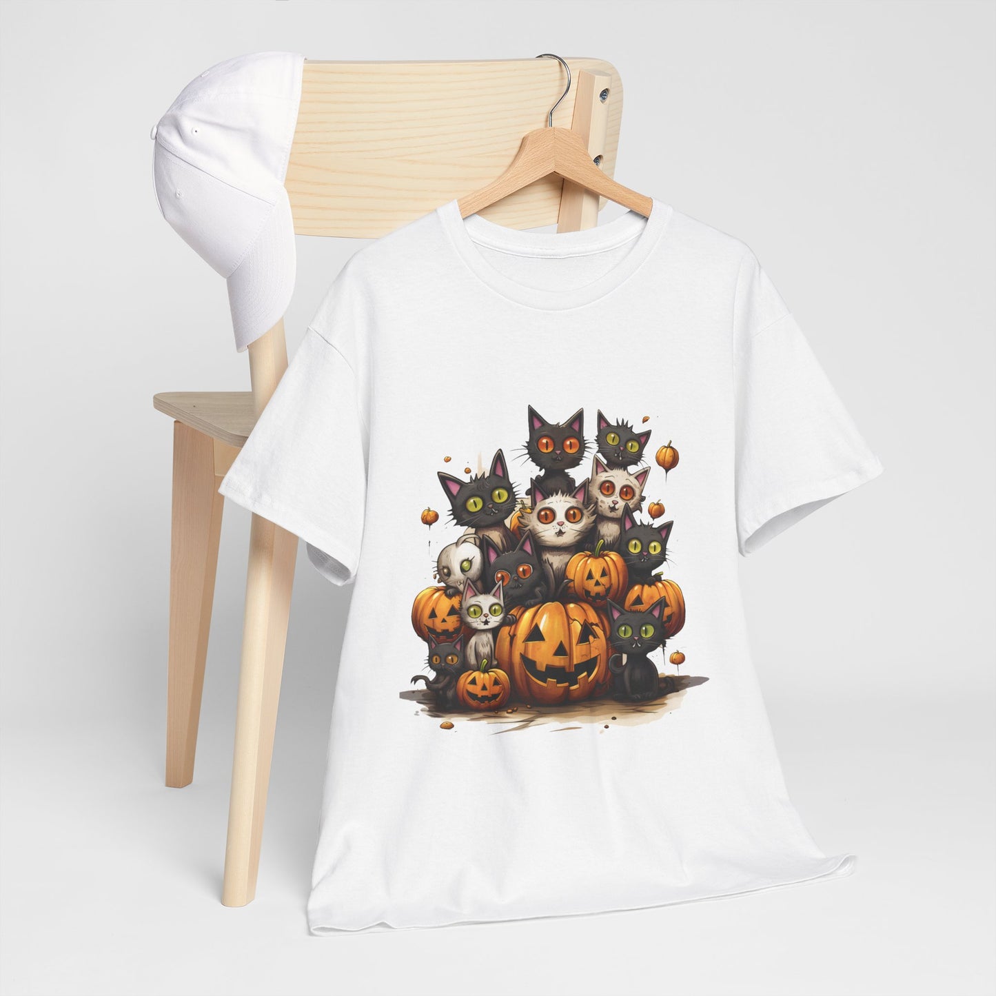 Funny Halloween Cat & Pumpkins Design Unisex Heavy Cotton Tee - 100% Cotton, Classic Fit