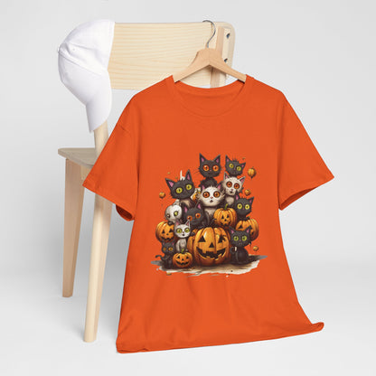 Funny Halloween Cat & Pumpkins Design Unisex Heavy Cotton Tee - 100% Cotton, Classic Fit