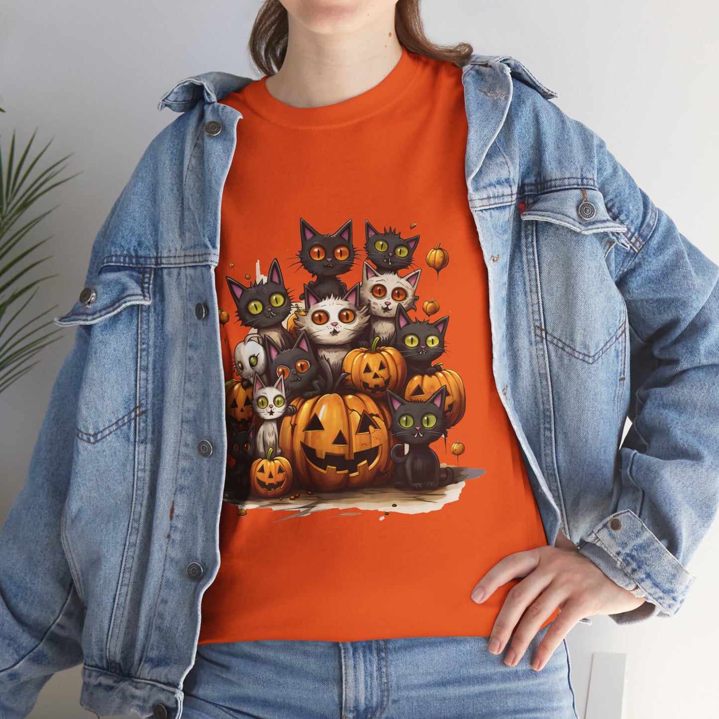 Funny Halloween Cat & Pumpkins Design Unisex Heavy Cotton Tee - 100% Cotton, Classic Fit