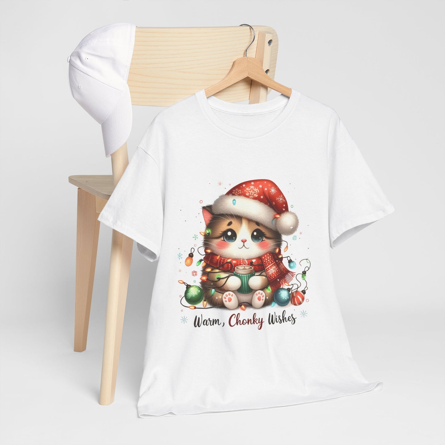 Warm Chonky Wishes Cat Unisex Heavy Cotton Tee - Festive Front Print - 100% Cotton