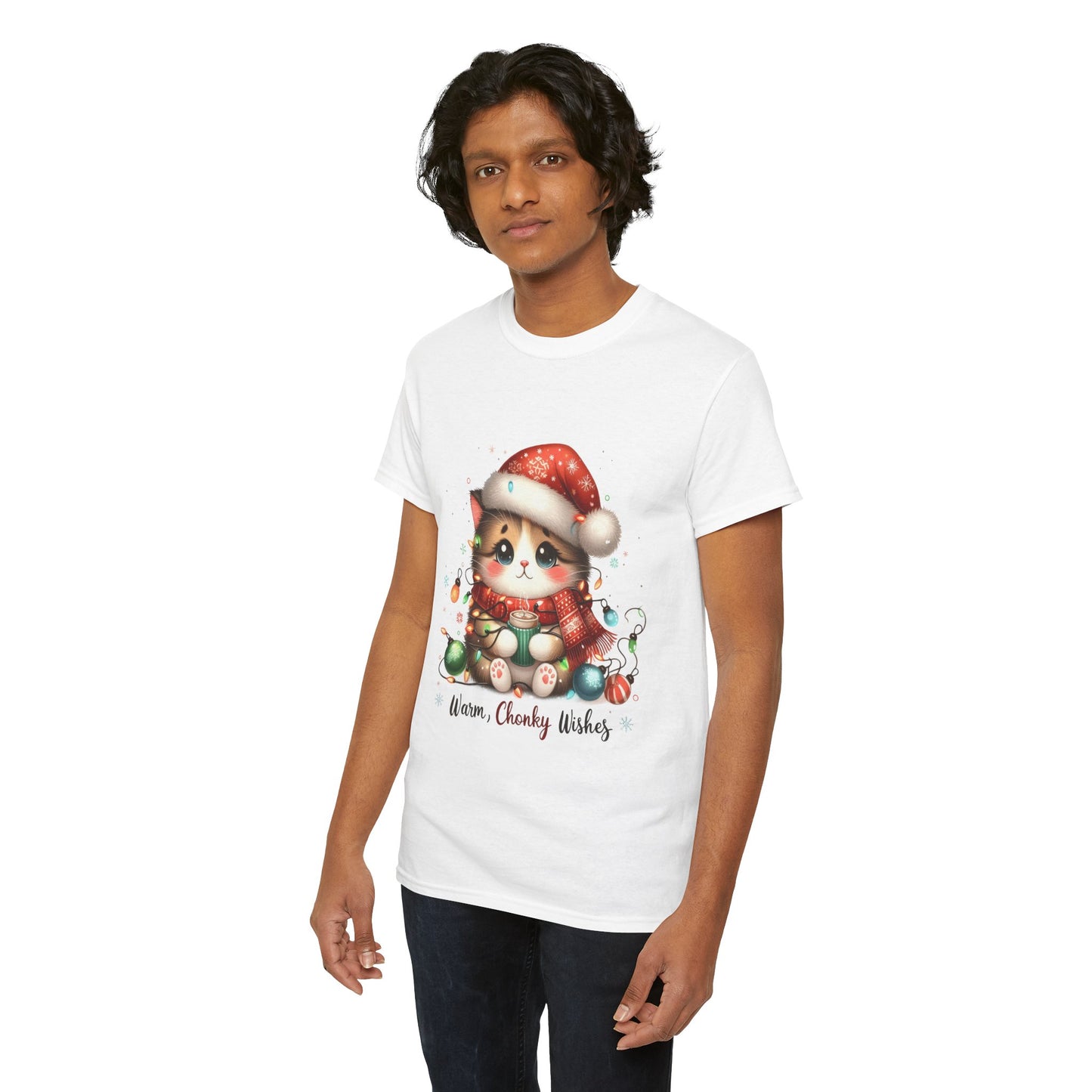 Warm Chonky Wishes Cat Unisex Heavy Cotton Tee - Festive Front Print - 100% Cotton