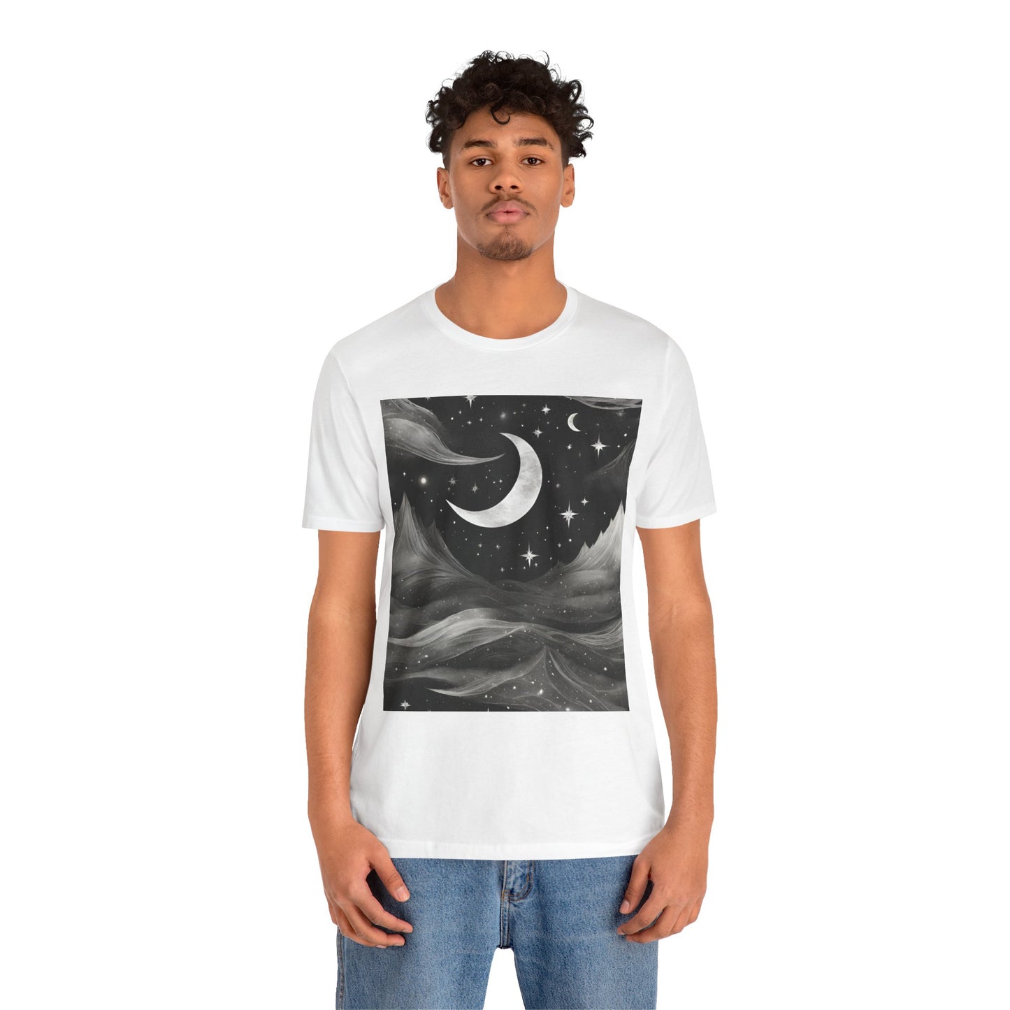 Lunar Love Unleashed: Embrace the Night Sky with Our Moon-Print Unisex Tee!