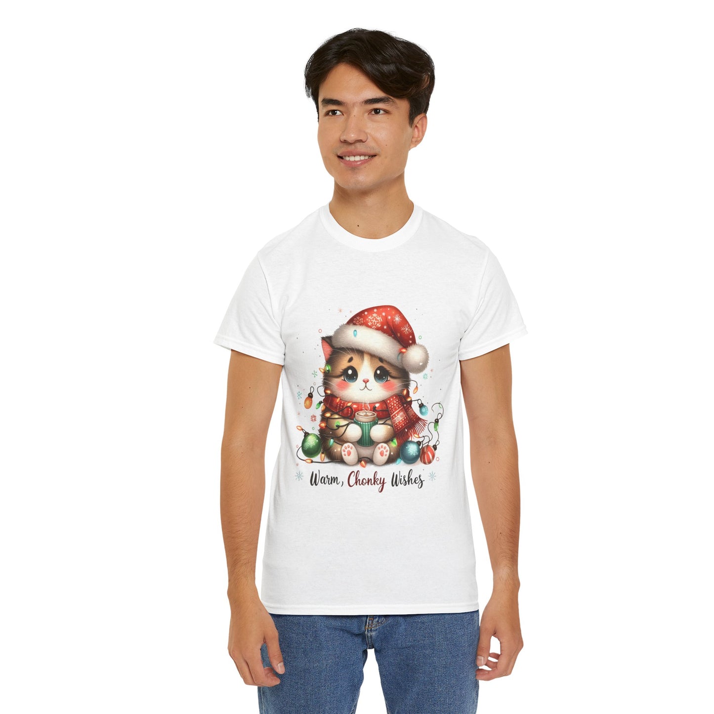 Warm Chonky Wishes Cat Unisex Heavy Cotton Tee - Festive Front Print - 100% Cotton