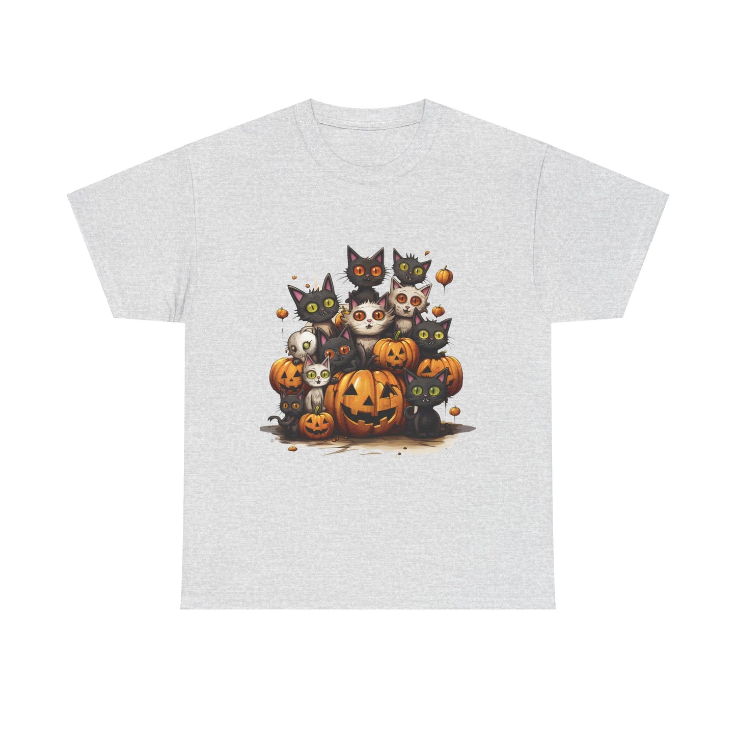 Funny Halloween Cat & Pumpkins Design Unisex Heavy Cotton Tee - 100% Cotton, Classic Fit