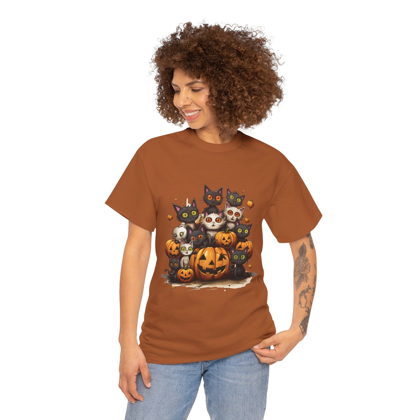 Funny Halloween Cat & Pumpkins Design Unisex Heavy Cotton Tee - 100% Cotton, Classic Fit