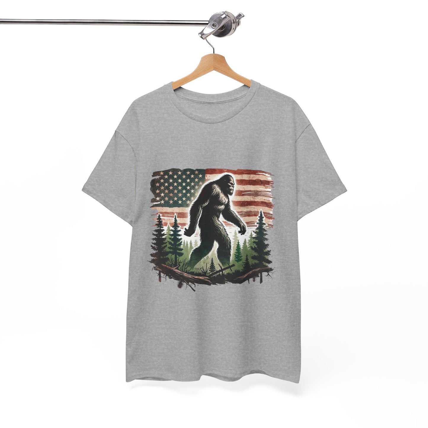 Bigfoot American Flag Shirt – Sasquatch Forest Graphic Cotton Tee