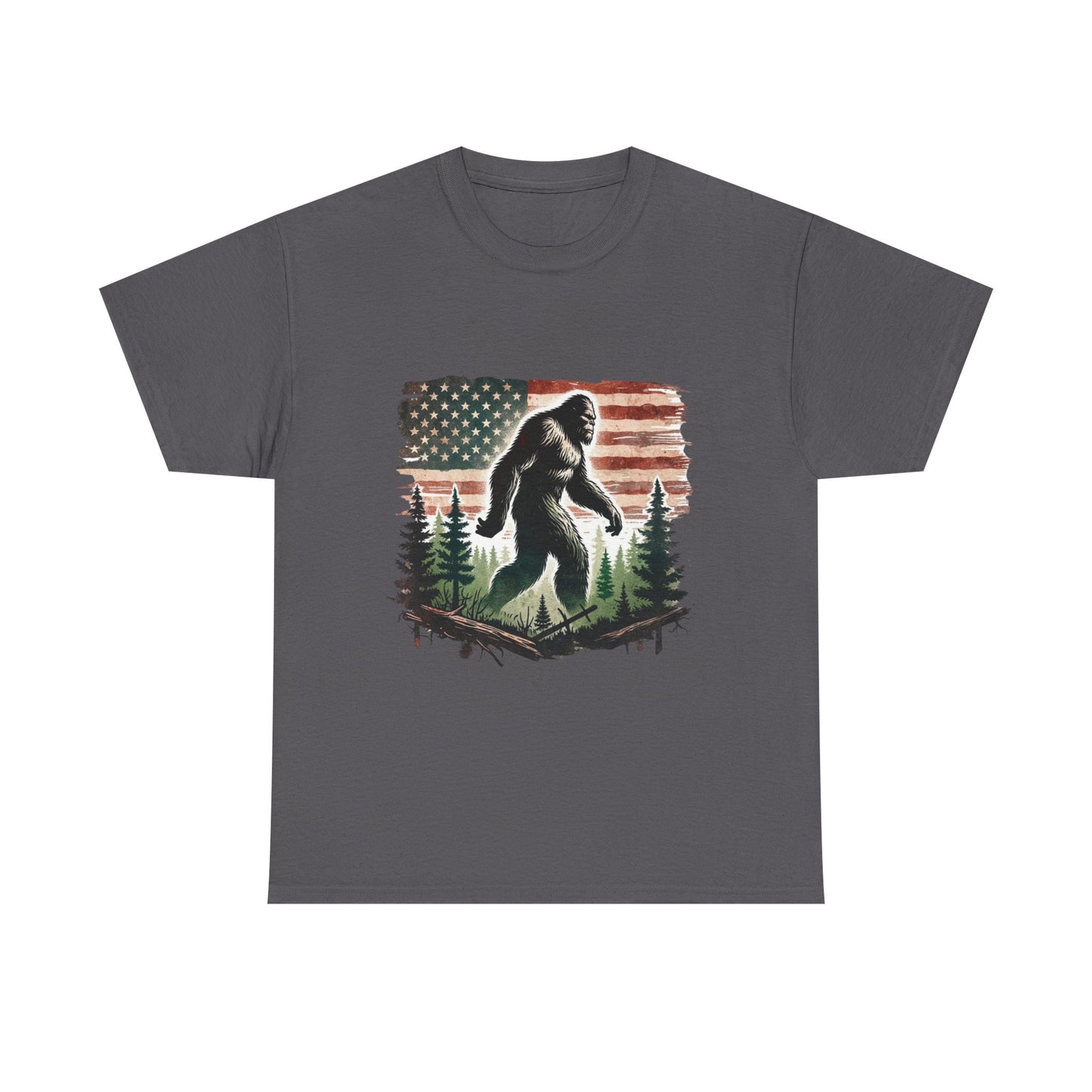Bigfoot American Flag Shirt – Sasquatch Forest Graphic Cotton Tee