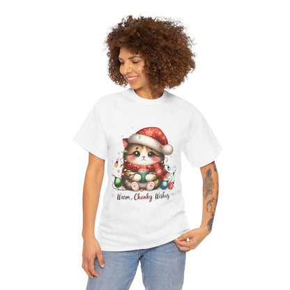 Warm Chonky Wishes Cat Unisex Heavy Cotton Tee - Festive Front Print - 100% Cotton