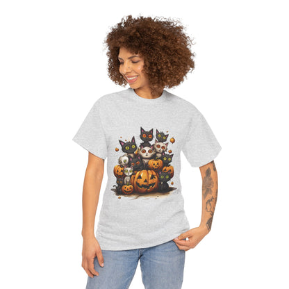 Funny Halloween Cat & Pumpkins Design Unisex Heavy Cotton Tee - 100% Cotton, Classic Fit