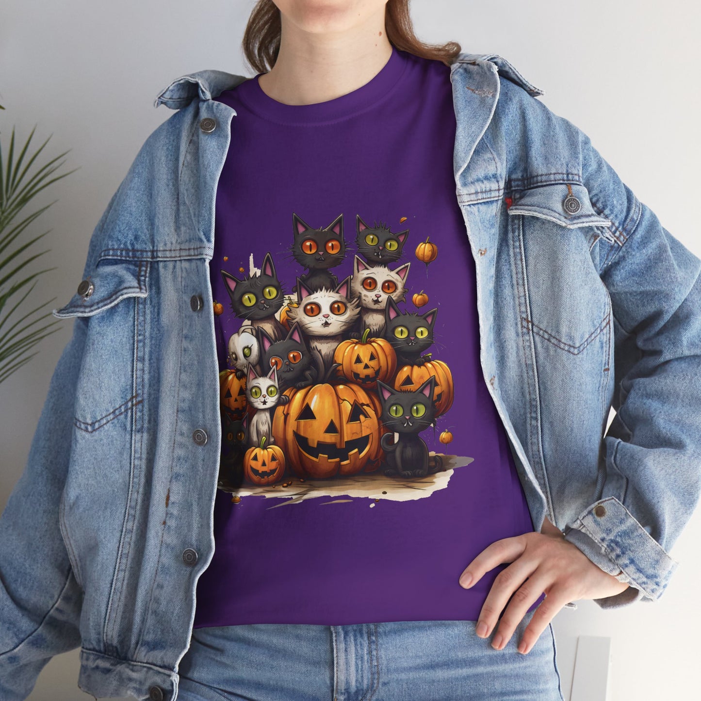 Funny Halloween Cat & Pumpkins Design Unisex Heavy Cotton Tee - 100% Cotton, Classic Fit