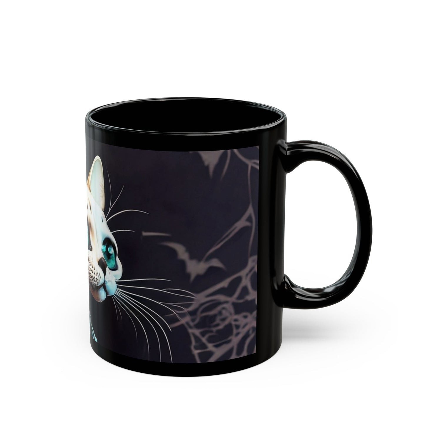 Cat Skeleton Halloween Mug - 11oz Black Ceramic - Spooky Coffee Cup