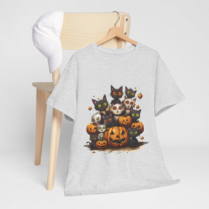 Funny Halloween Cat & Pumpkins Design Unisex Heavy Cotton Tee - 100% Cotton, Classic Fit