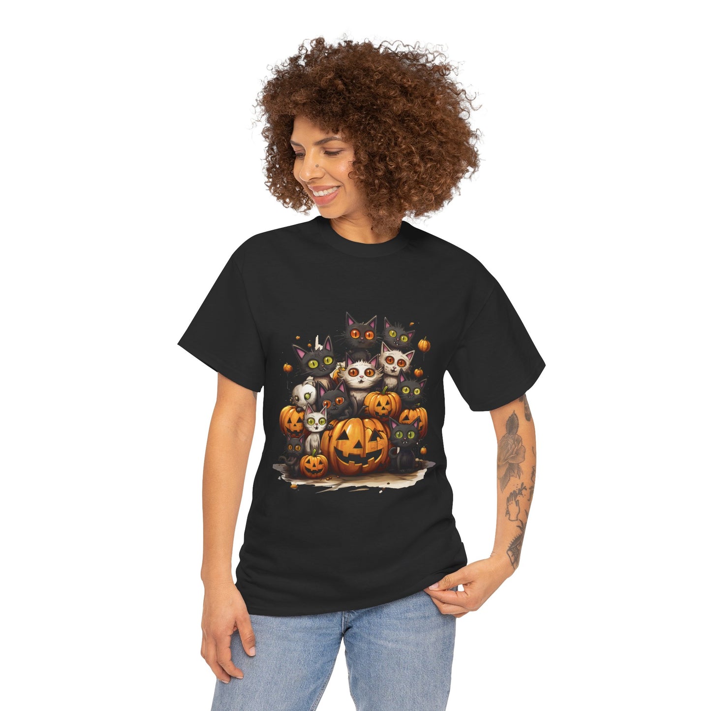 Funny Halloween Cat & Pumpkins Design Unisex Heavy Cotton Tee - 100% Cotton, Classic Fit