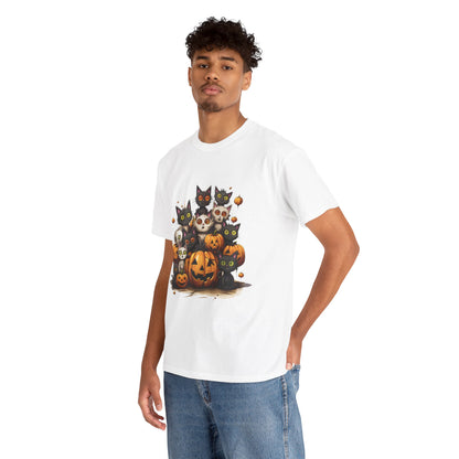 Funny Halloween Cat & Pumpkins Design Unisex Heavy Cotton Tee - 100% Cotton, Classic Fit