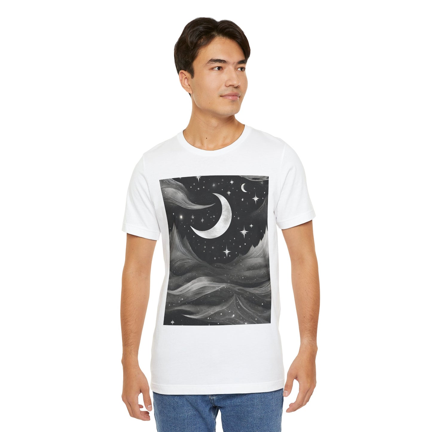 Lunar Love Unleashed: Embrace the Night Sky with Our Moon-Print Unisex Tee!