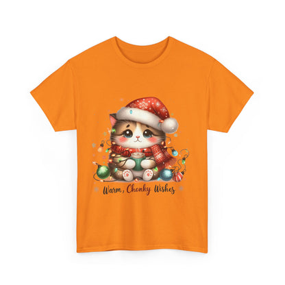 Warm Chonky Wishes Cat Unisex Heavy Cotton Tee - Festive Front Print - 100% Cotton