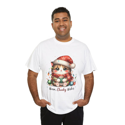 Warm Chonky Wishes Cat Unisex Heavy Cotton Tee - Festive Front Print - 100% Cotton