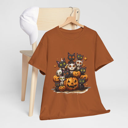 Funny Halloween Cat & Pumpkins Design Unisex Heavy Cotton Tee - 100% Cotton, Classic Fit