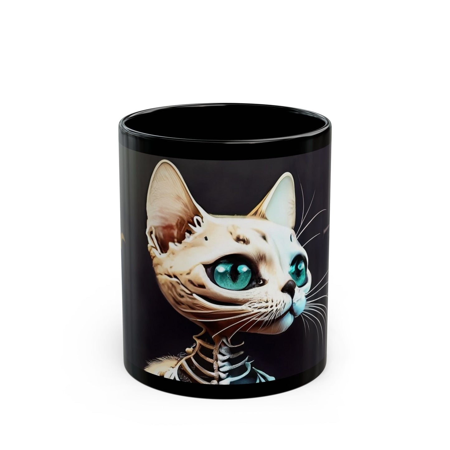 Cat Skeleton Halloween Mug - 11oz Black Ceramic - Spooky Coffee Cup