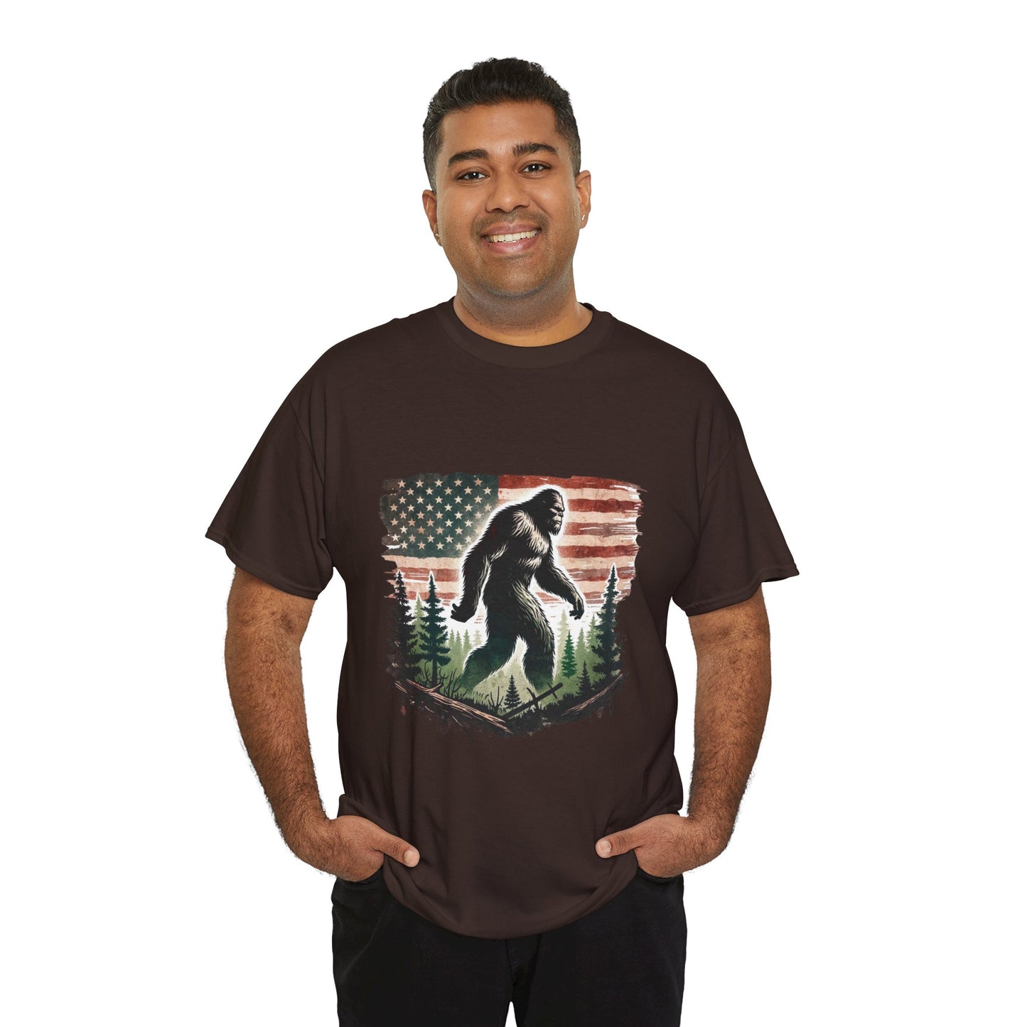 Bigfoot American Flag Shirt – Sasquatch Forest Graphic Cotton Tee