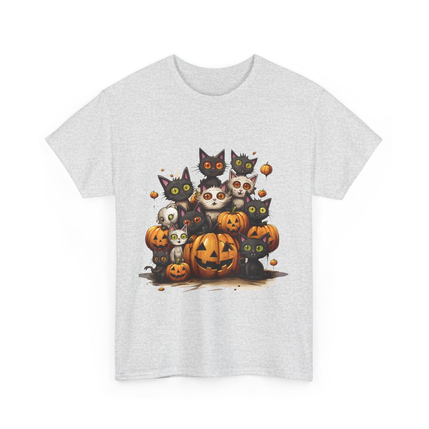 Funny Halloween Cat & Pumpkins Design Unisex Heavy Cotton Tee - 100% Cotton, Classic Fit