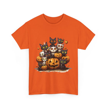 Funny Halloween Cat & Pumpkins Design Unisex Heavy Cotton Tee - 100% Cotton, Classic Fit