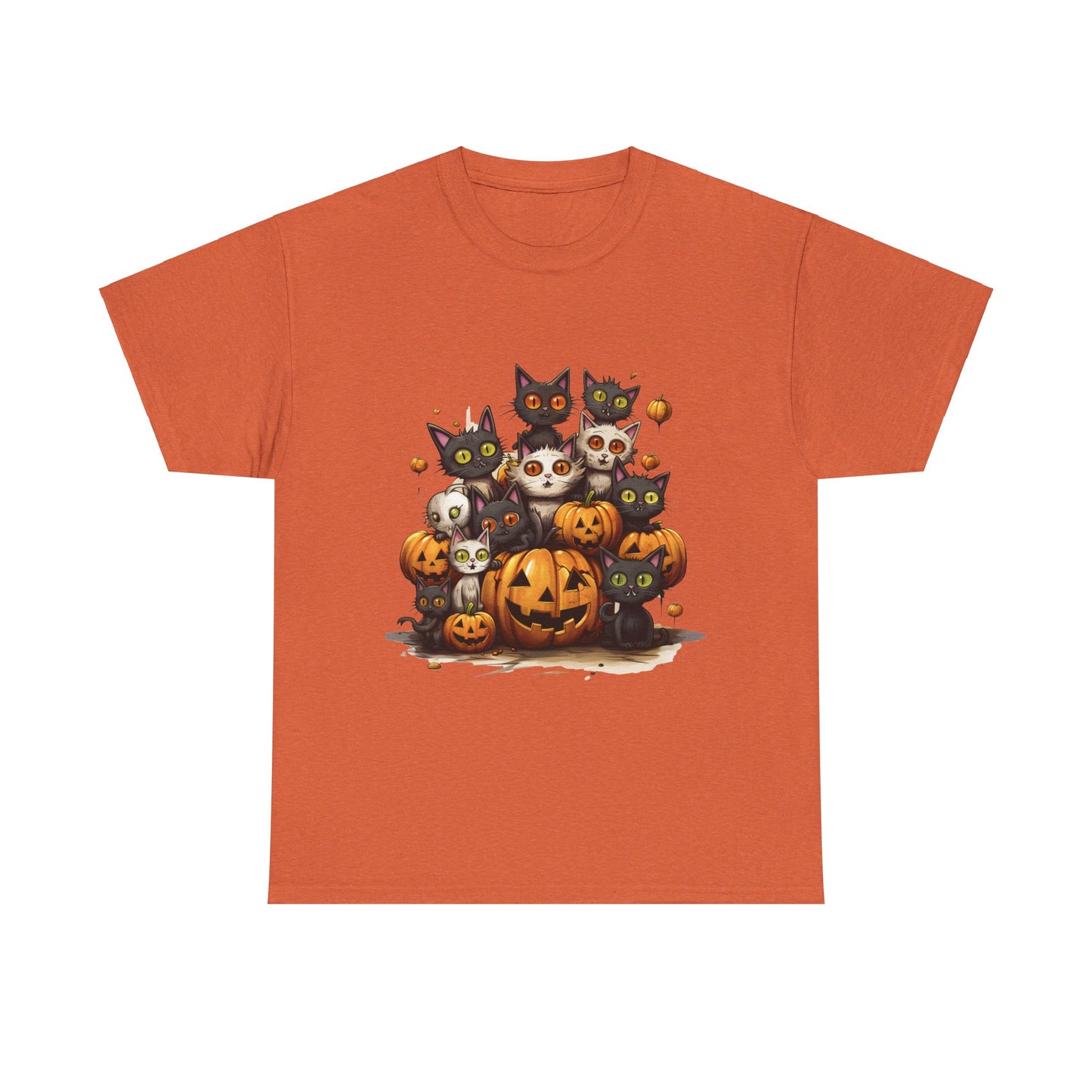 Funny Halloween Cat & Pumpkins Design Unisex Heavy Cotton Tee - 100% Cotton, Classic Fit