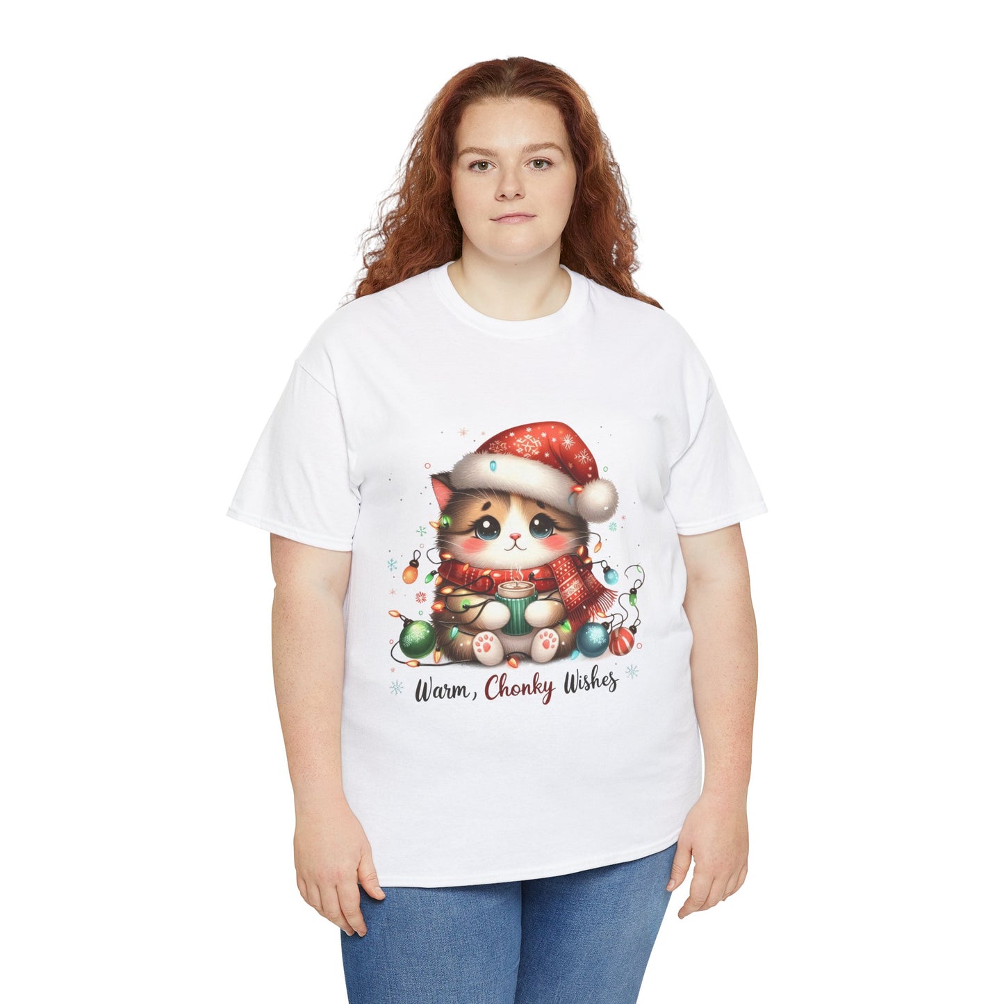 Warm Chonky Wishes Cat Unisex Heavy Cotton Tee - Festive Front Print - 100% Cotton