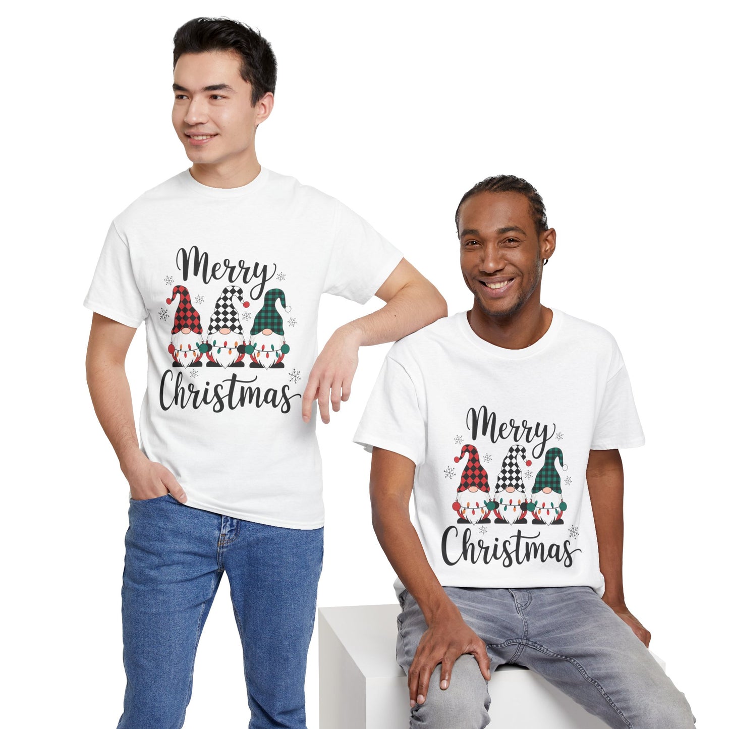 Merry Christmas Gnome and Santa Unisex Heavy Cotton Tee - Front & Back Print - 100% Cotton