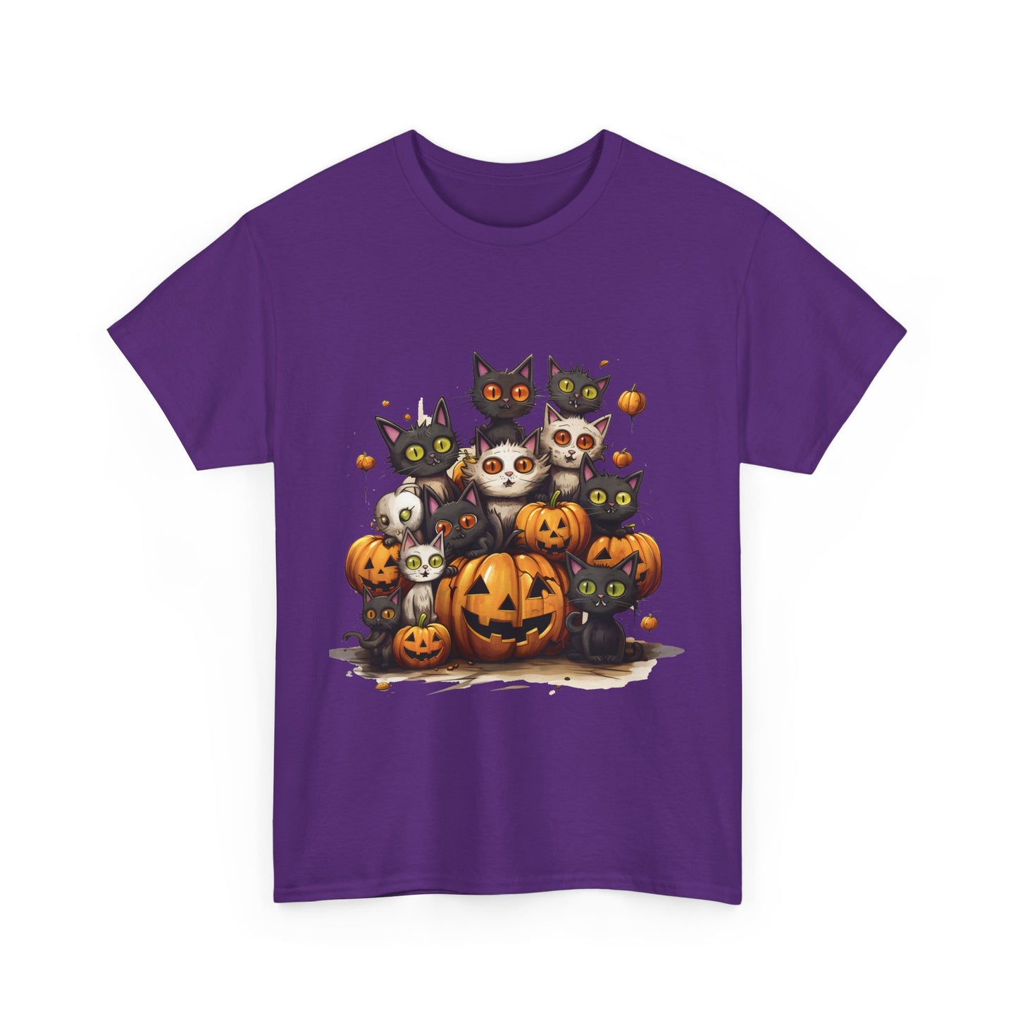 Funny Halloween Cat & Pumpkins Design Unisex Heavy Cotton Tee - 100% Cotton, Classic Fit