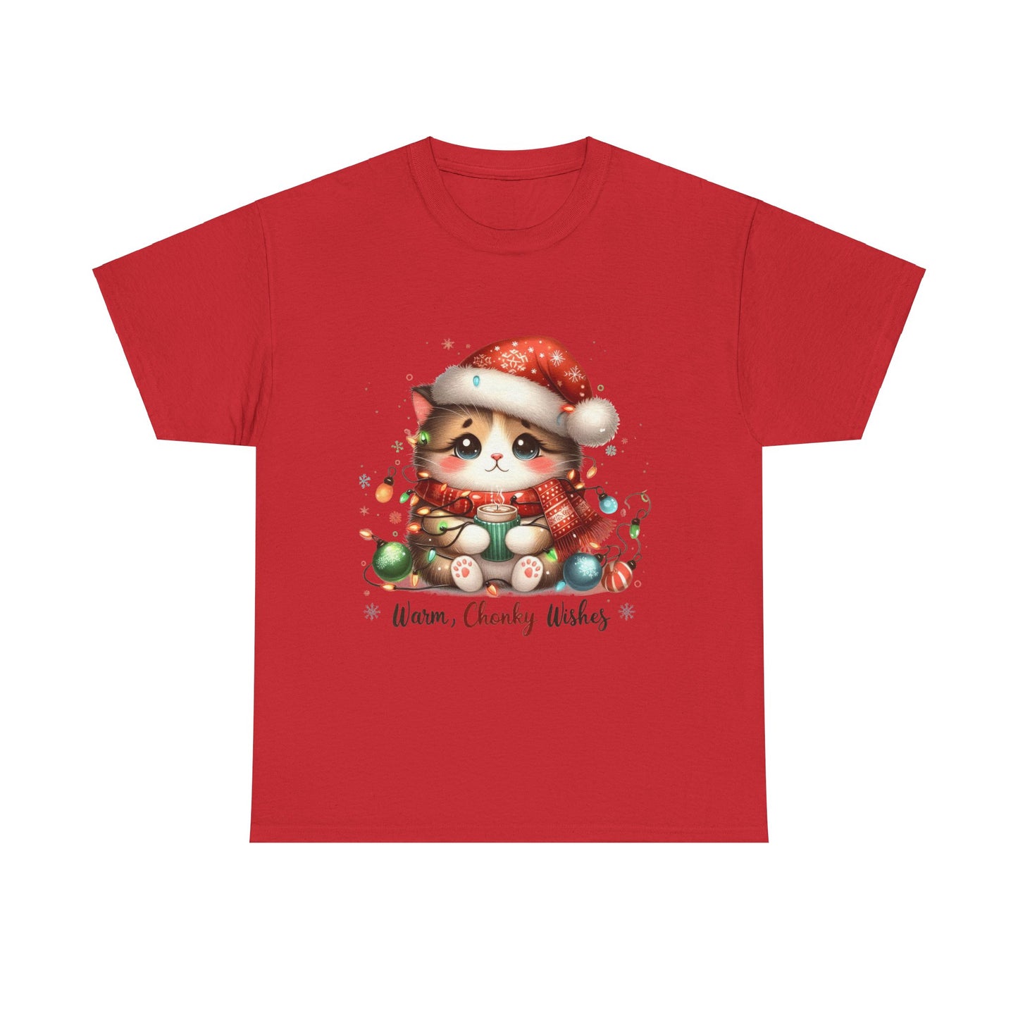 Warm Chonky Wishes Cat Unisex Heavy Cotton Tee - Festive Front Print - 100% Cotton