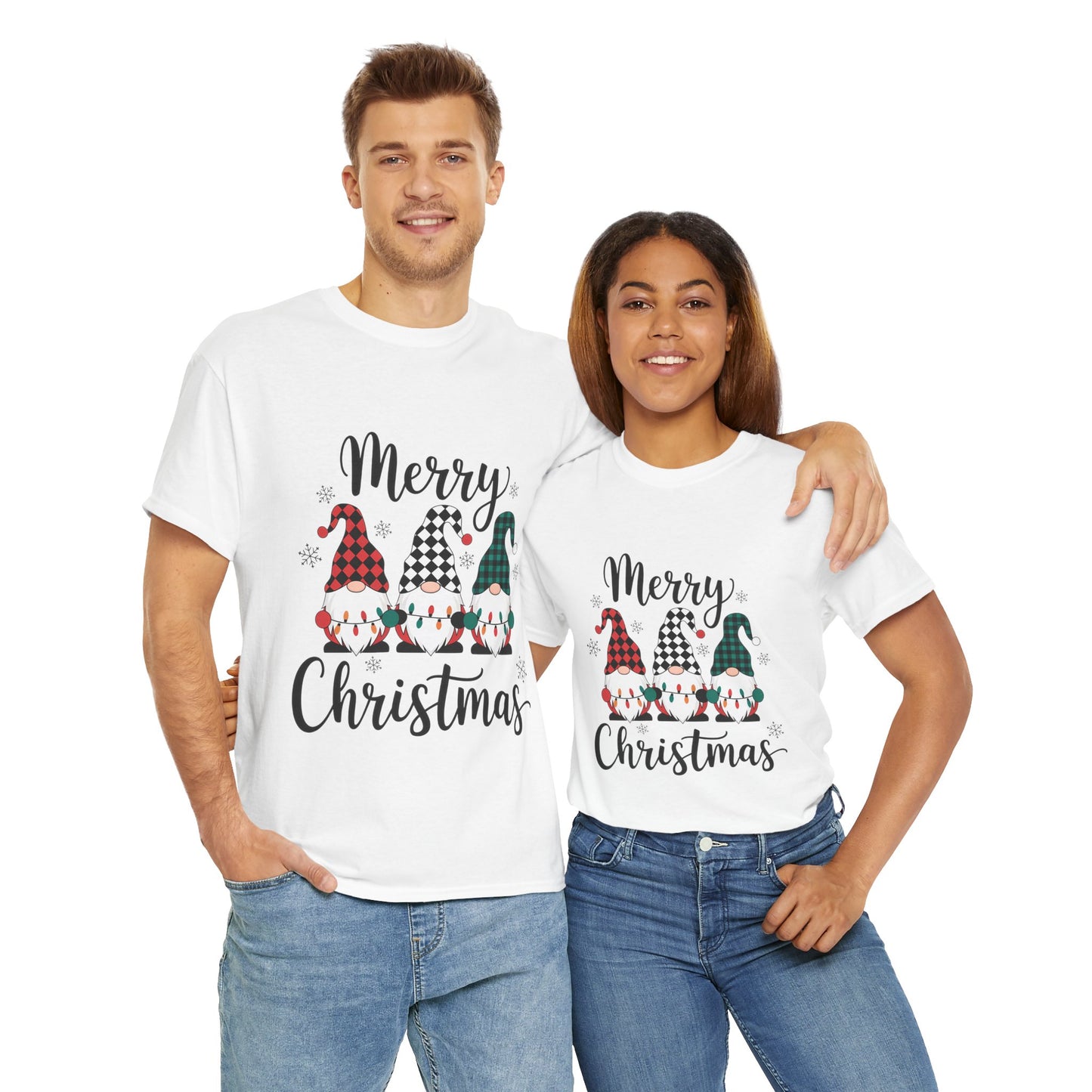 Merry Christmas Gnome and Santa Unisex Heavy Cotton Tee - Front & Back Print - 100% Cotton