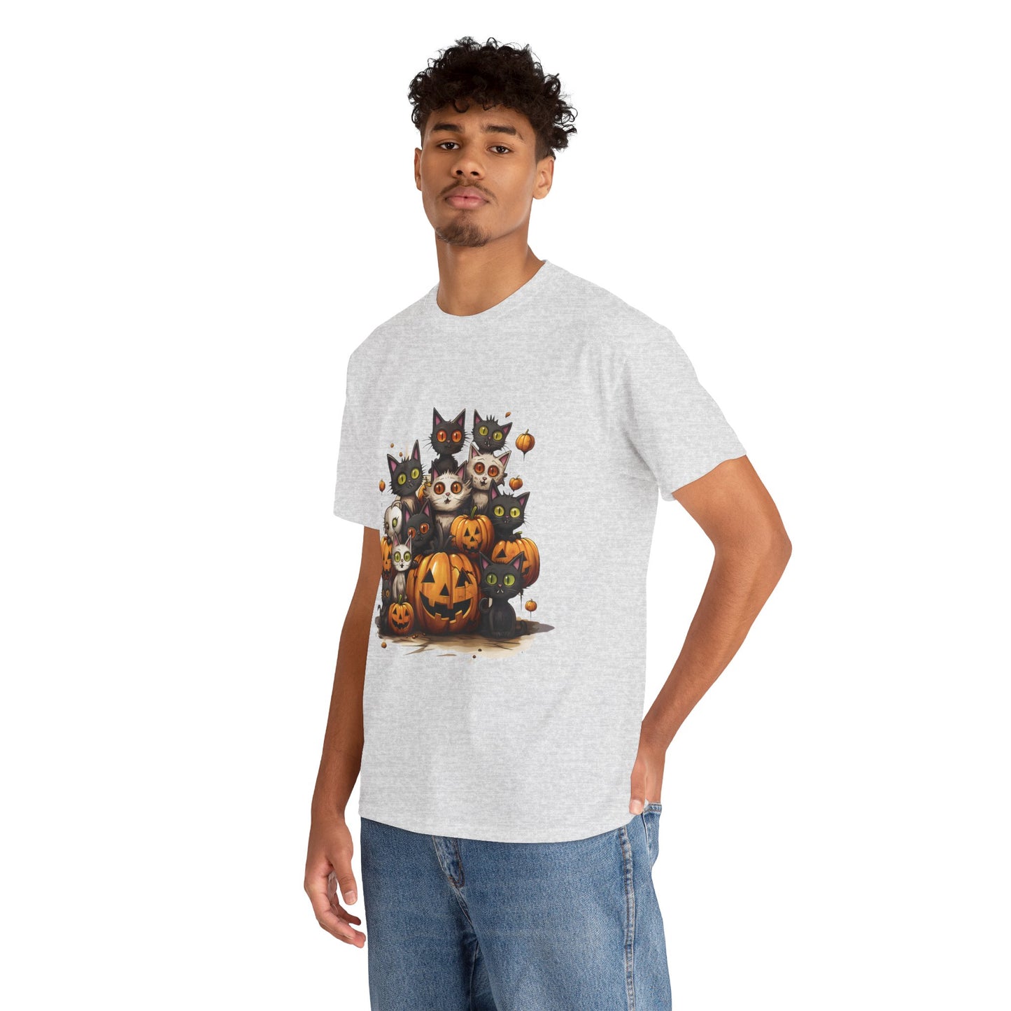 Funny Halloween Cat & Pumpkins Design Unisex Heavy Cotton Tee - 100% Cotton, Classic Fit