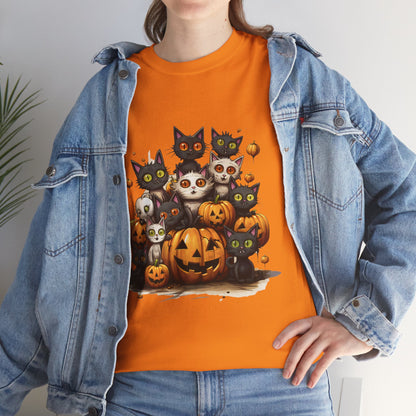 Funny Halloween Cat & Pumpkins Design Unisex Heavy Cotton Tee - 100% Cotton, Classic Fit